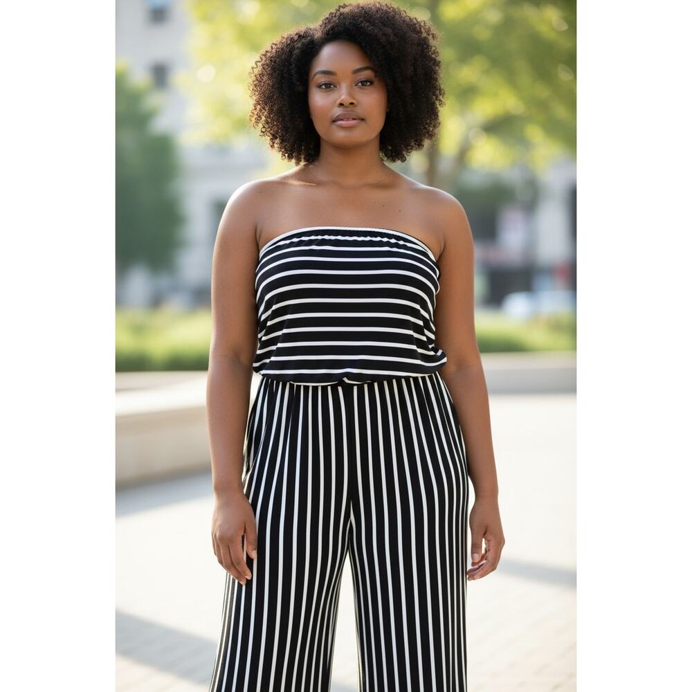 VIBE BLACK/WHITE STRIPE POLYESTER/SPANDEX PLUS SIZE JUMPSUIT SIZE 2X